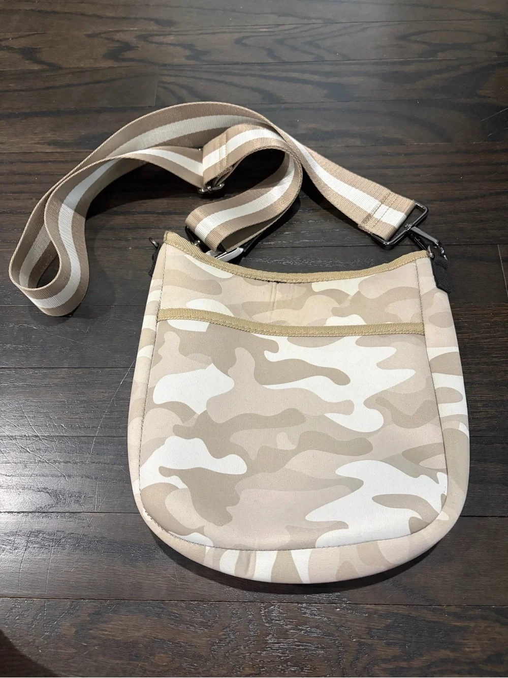 Haute Shore Beige Camo Crossbody Messenger Bag with Striped Adjustable Strap